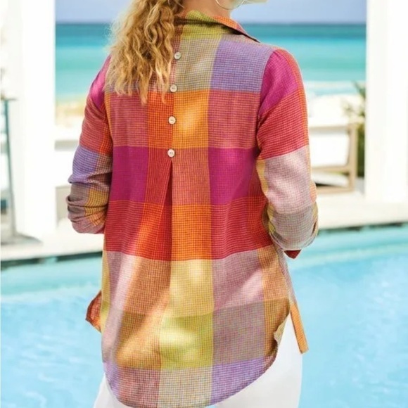 Soft Surroundings Galina Multi-Color Plaid Linen Button Down Tunic Top Size PS - Picture 2 of 6
